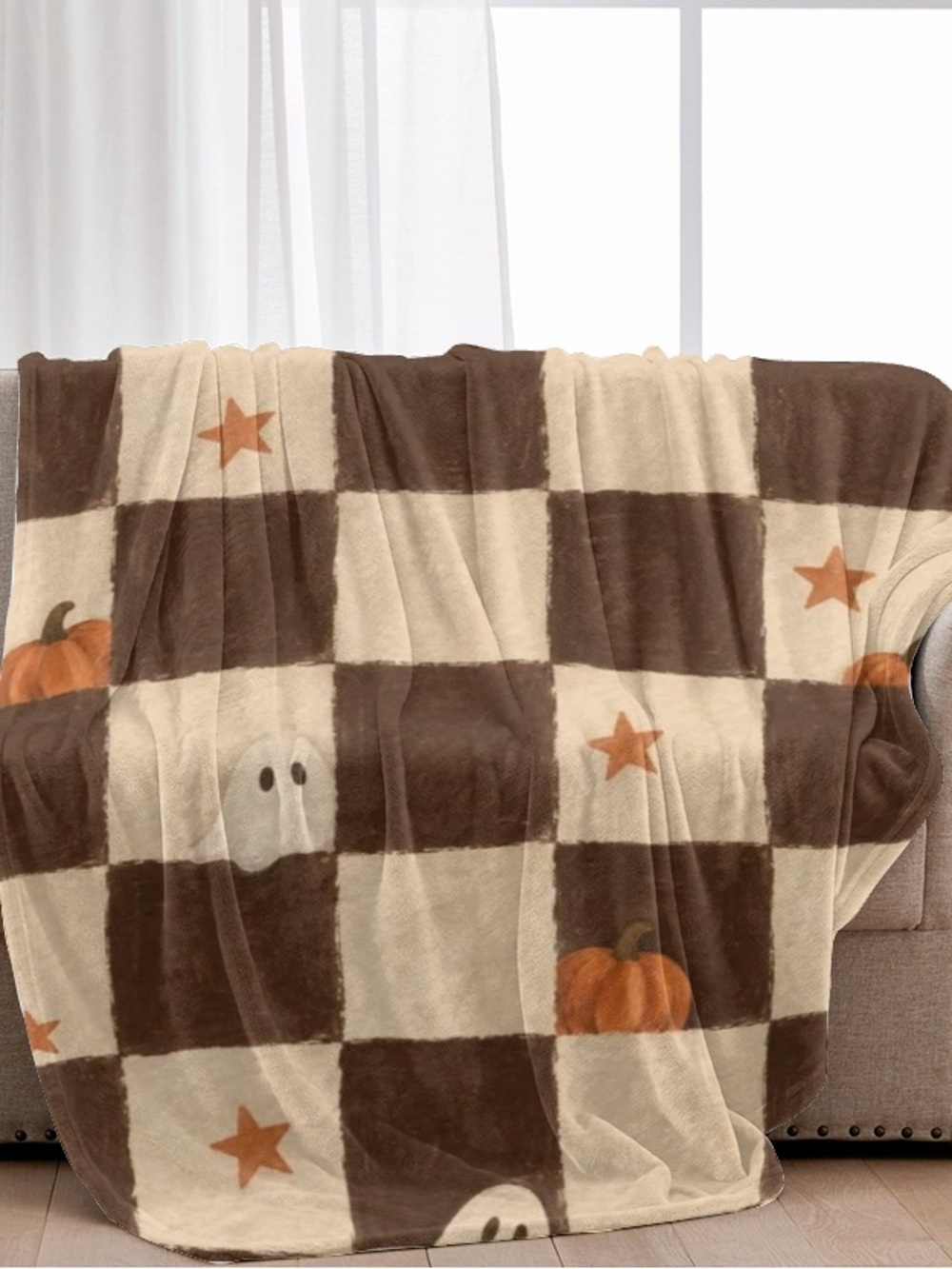 Cozy Brown & Cream Halloween Check Plush Throw Blanket size 40x50in
